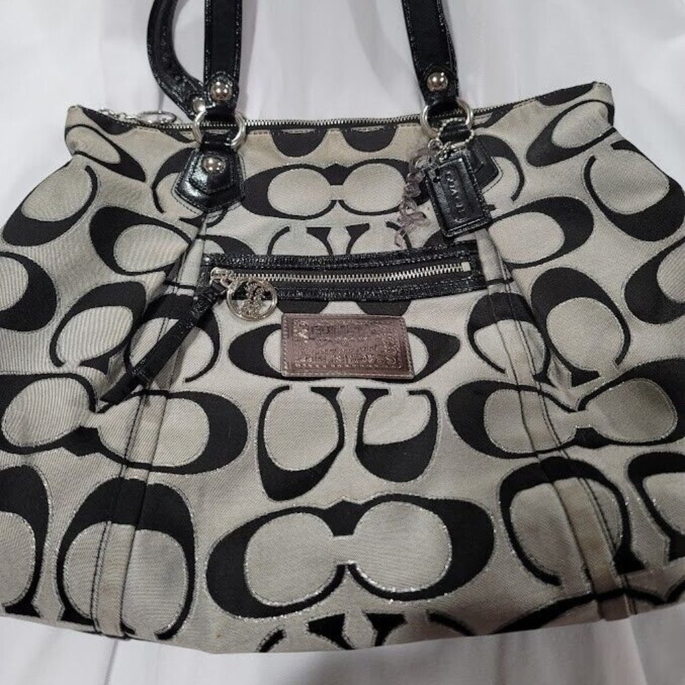Coach Poppy Metallic Signature Shoulder Black Grey Silver Handbag Purse Pre-own